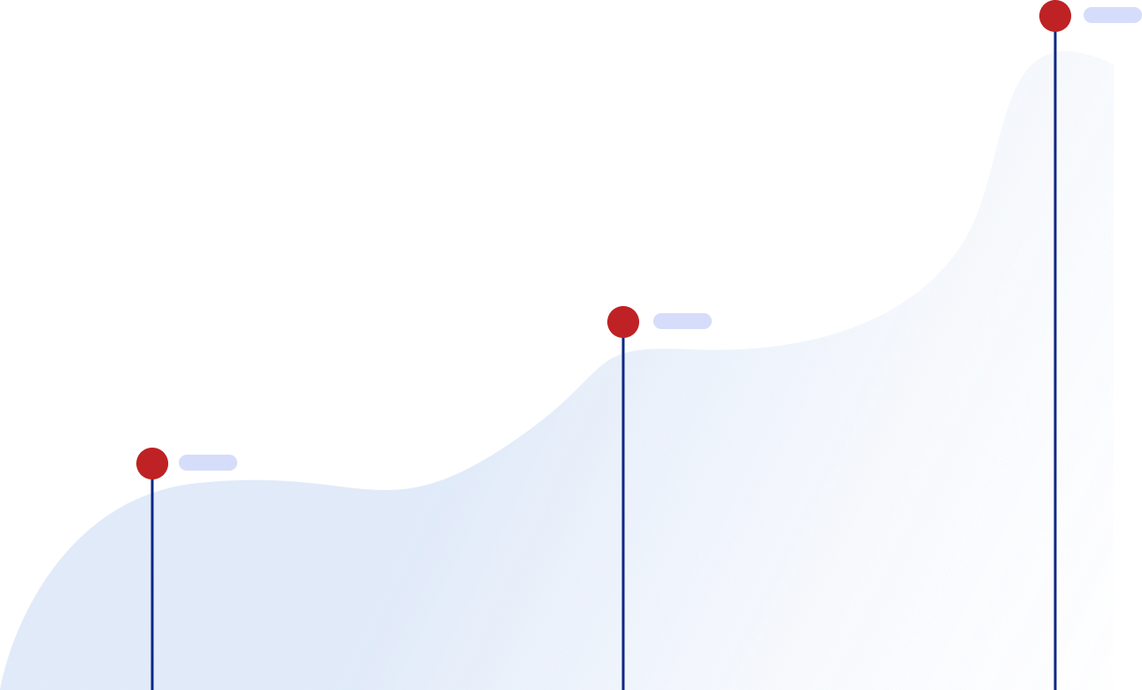 Stylized blue area line chart with three upward trend points marked by red dots and vertical lines.