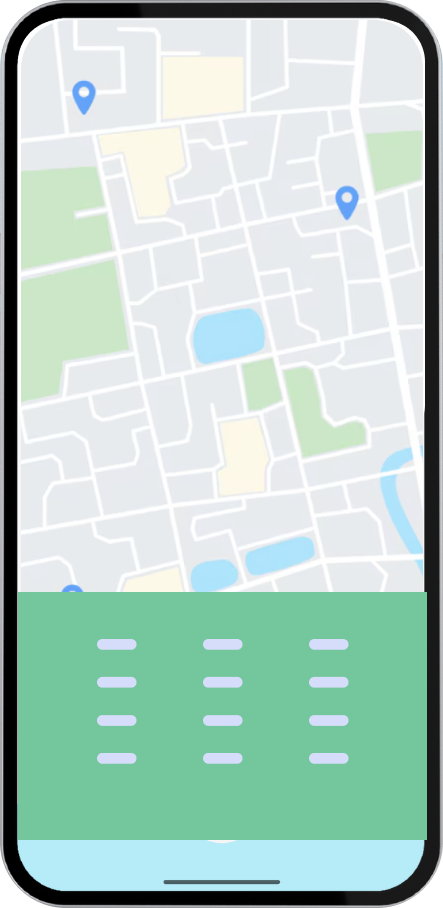 Smartphone screen showing a simplified city map with blue location markers and a green translucent overlay with white menu icons at the bottom.