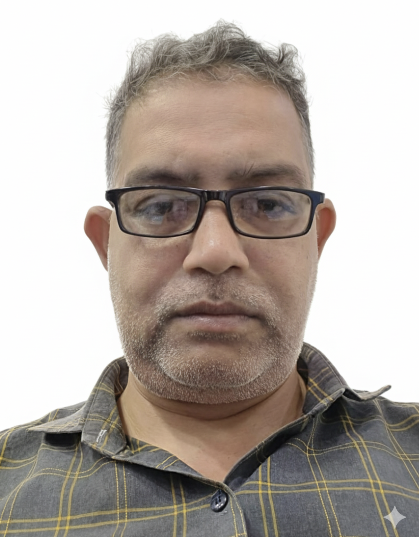 Middle-aged man with salt-and-pepper beard and short curly hair wearing black glasses and a dark plaid shirt.