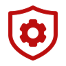 Red shield outline containing a gear icon inside representing security configuration.
