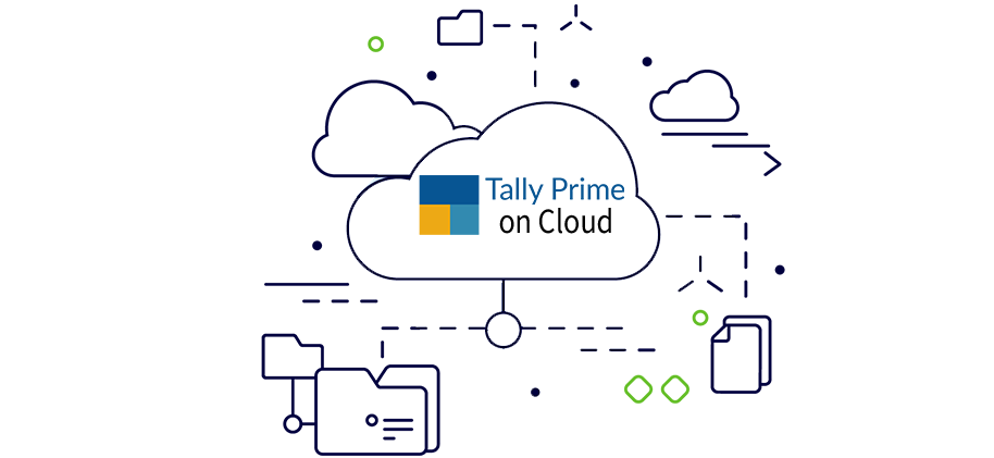 Illustration of Tally Prime on Cloud with a cloud outline, gear icons, and arrows indicating migration to the cloud.